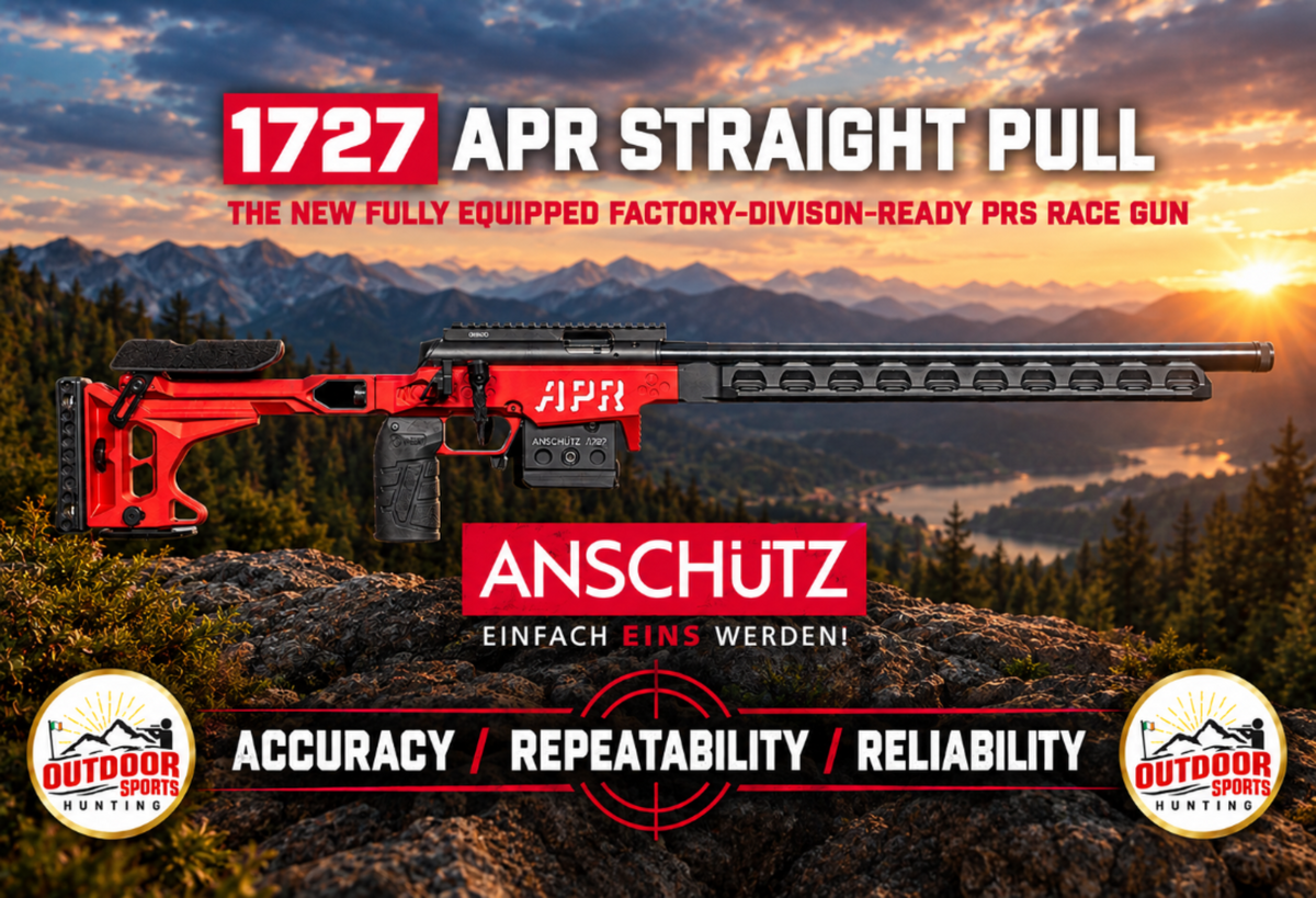 A red and black APR Straight Pull race rifle is shown resting on a rocky mountain landscape at sunset, with large promotional text overlays including '1727 APR STRAIGHT PULL', 'ANSCHUTZ', and 'OUTDOOR SPORTS HUNTING'.
